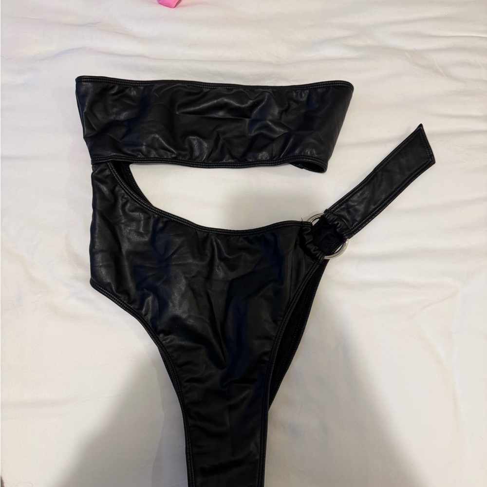 Danielle Guizio Black Leather One Piece Swimsuit